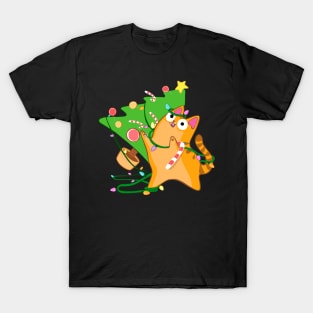 Zoomies Christmas Cat Orange Tabby Knocking Over Tree Funny T-Shirt